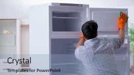  Presentation with hygiene - Slide deck with food sanitation - man cleaning fridge in hygiene background and a  colored foreground
