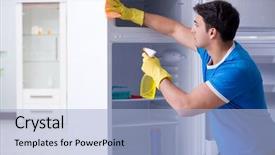  Presentation with fridge - Colorful PPT theme enhanced with sanitation wipes - man cleaning fridge in hygiene backdrop and a  colored foreground