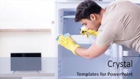  Presentation with hygiene - PPT layouts consisting of food sanitation - man cleaning fridge in hygiene background and a  colored foreground