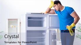  Presentation with human rights concept chained man - Colorful slide deck enhanced with food sanitation - man cleaning fridge in hygiene backdrop and a  colored foreground