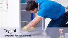  Presentation with hygiene - Theme having food sanitation - man cleaning fridge in hygiene background and a  colored foreground