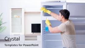  Presentation with hygiene - PPT layouts with food sanitation - man cleaning fridge in hygiene background and a  colored foreground