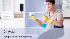  Presentation with hygiene - Amazing PPT layouts having food sanitation - man cleaning fridge in hygiene backdrop and a  colored foreground