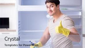  Presentation with fridge - Beautiful theme featuring food sanitation - man cleaning fridge in hygiene backdrop and a  colored foreground