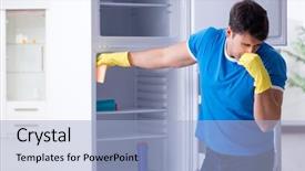  Presentation with fridge - PPT layouts with sanitation wipes - man cleaning fridge in hygiene background and a  colored foreground