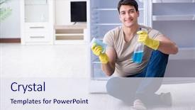  Presentation with hygiene - Theme having food sanitation - man cleaning fridge in hygiene background and a  colored foreground