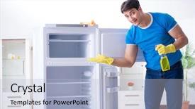  Presentation with hygiene - Theme enhanced with food sanitation - man cleaning fridge in hygiene background and a  colored foreground