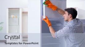  Presentation with human rights concept chained man - Beautiful theme featuring food sanitation - man cleaning fridge in hygiene backdrop and a  colored foreground