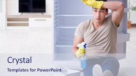 Presentation with hygiene - Audience pleasing PPT layouts consisting of food sanitation - man cleaning fridge in hygiene backdrop and a  colored foreground