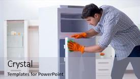  Presentation with hygiene - Cool new slide deck with food sanitation - man cleaning fridge in hygiene backdrop and a  colored foreground