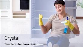  Presentation with fridge - Slide set with food sanitation - man cleaning fridge in hygiene background and a  colored foreground