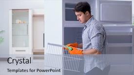  Presentation with human rights concept chained man - Cool new slide deck with food sanitation - man cleaning fridge in hygiene backdrop and a  colored foreground