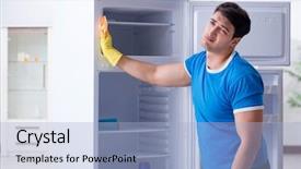  Presentation with hygiene - Cool new PPT layouts with food sanitation - man cleaning fridge in hygiene backdrop and a  colored foreground