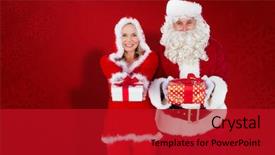  Presentation with santa claus holding scroll paper - PPT layouts featuring santa and mrs claus smiling at camera offering gift against red snowflake background background and a crimson colored foreground