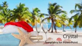  Presentation with flutes - Presentation consisting of santa cap on sunny beach background and a soft green colored foreground