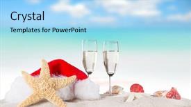  Presentation with flutes - Colorful presentation enhanced with santa cap on sunny beach backdrop and a light blue colored foreground