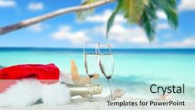  Presentation with flutes - Presentation featuring santa cap on sunny beach background and a cool aqua colored foreground