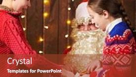  Presentation with child tree - Slide deck enhanced with santa claus and child boy and girl posing together indoor near decorated xmas tree with lights they talking smiling and accepting gifts - merry christmas and happy holidays background and a tawny brown colored foreground