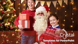  Presentation with child tree - Theme enhanced with santa claus and child boy and girl posing together indoor near decorated xmas tree with lights they talking smiling and accepting gifts - merry christmas and happy holidays background and a tawny brown colored foreground