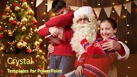  Presentation with child tree - Amazing slide set having santa claus and child boy and girl posing together indoor near decorated xmas tree with lights they talking smiling and accepting gifts - merry christmas and happy holidays backdrop and a tawny brown colored foreground