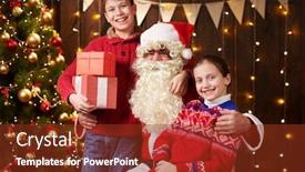  Presentation with child tree - Presentation consisting of santa claus and child boy and girl posing together indoor near decorated xmas tree with lights they talking smiling and accepting gifts - merry christmas and happy holidays background and a tawny brown colored foreground