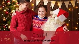  Presentation with child tree - Presentation theme with santa claus and child boy and girl posing together indoor near decorated xmas tree with lights they talking smiling and accepting gifts - merry christmas and happy holidays background and a crimson colored foreground