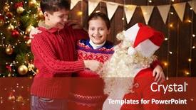  Presentation with child tree - Presentation featuring santa claus and child boy and girl posing together indoor near decorated xmas tree with lights they talking smiling and accepting gifts - merry christmas and happy holidays background and a tawny brown colored foreground