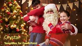  Presentation with child tree - PPT theme having santa claus and child boy and girl posing together indoor near decorated xmas tree with lights they talking smiling and accepting gifts - merry christmas and happy holidays background and a tawny brown colored foreground
