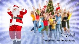  Presentation with christmas party - PPT layouts consisting of santa claus and group of happy people at christmas party background and a light blue colored foreground