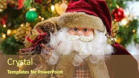  Presentation with christmas presents - Colorful presentation enhanced with santa claus carrying a sack bag full of presents with blurred christmas tree background backdrop and a tawny brown colored foreground