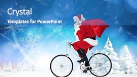  Presentation with gifts - Cool new presentation theme with santa claus delivering gifts with bicycle against snowy landscape with fir trees backdrop and a teal colored foreground