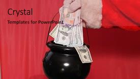  Presentation with santa claus holding scroll paper - Slides having santa claus donation bucket christmas background and a red colored foreground