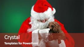  Presentation with trademark - Presentation theme having santa claus dressed in his trademark red velvet suit holds a small brown poodle dog giving it love and treats for christmas santa claus loves all animals and especially small dogs merry christmas background and a tawny brown colored foreground