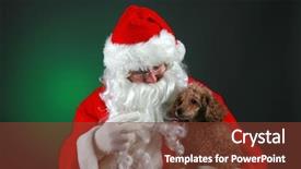  Presentation with trademark - Audience pleasing presentation consisting of santa claus dressed in his trademark red velvet suit holds a small brown poodle dog giving it love and treats for christmas santa claus loves all animals and especially small dogs merry christmas backdrop and a tawny brown colored foreground