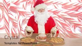  Presentation with cane - PPT theme featuring santa-claus-drinks-hot-coco background and a coral colored foreground