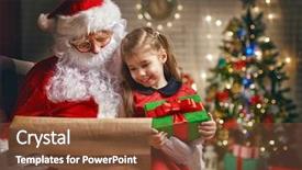  Presentation with giving - Audience pleasing PPT theme consisting of santa claus giving a present backdrop and a tawny brown colored foreground