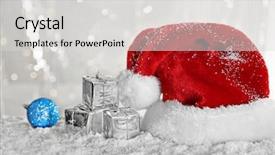  Presentation with santa claus and reindeers - Presentation design having santa claus hat with bauble background and a  colored foreground