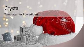  Presentation with gift - Audience pleasing theme consisting of santa claus hat with bauble backdrop and a  colored foreground