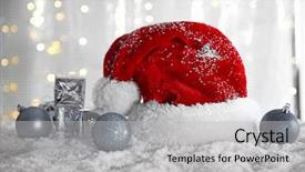  Presentation with gift - PPT theme enhanced with santa claus hat with baubles background and a  colored foreground