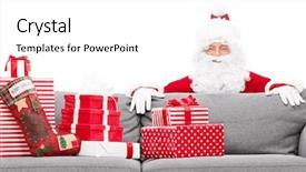  Presentation with christmas presents - Colorful slides enhanced with santa claus hiding behind a sofa full of christmas presents isolated against white background backdrop and a white colored foreground