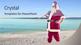  Presentation with umbrella - PPT theme featuring santa claus holding a beach background and a light blue colored foreground