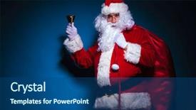  Presentation with shoulder - PPT layouts consisting of santa claus holding his bag on the shoulder and a bell in his hand against blue backgroud background and a ocean colored foreground