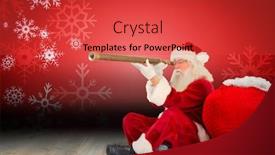  Presentation with telescope - Slide deck featuring santa claus looking through telescope against snowflake wallpaper over floor boards background and a red colored foreground