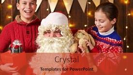  Presentation with christmas holidays - Audience pleasing slide set consisting of santa claus opens a bag and gives gifts to children sitting indoor near decorated xmas tree with lights - merry christmas and happy holidays backdrop and a red colored foreground