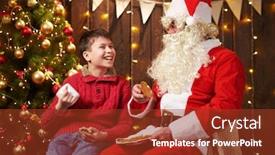  Presentation with santa claus and reindeers - Colorful theme enhanced with santa claus portrait sitting indoor near decorated xmas tree with lights - merry christmas and happy holidays backdrop and a tawny brown colored foreground