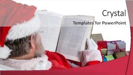  Presentation with reading bible - Amazing PPT theme having santa claus reading bible with christmas present beside him against white background backdrop and a white colored foreground