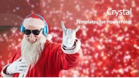  Presentation with red stars - Cool new PPT theme with santa claus showing horn sign while listening to music on headphones against white snow and stars on red backdrop and a coral colored foreground