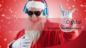  Presentation with light sign - Beautiful slides featuring santa claus showing horn sign while listening to music on headphones against white light dots on red backdrop and a red colored foreground