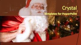  Presentation with gifts - Audience pleasing PPT theme consisting of santa claus standing at home with gifts dressed in his home clothes christmas decoration backdrop and a tawny brown colored foreground