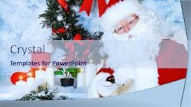  Presentation with socks - Presentation theme consisting of santa claus standing by the fireplace and christmas tree in a beautiful room decorated for christmas he puts christmas gifts in socks background and a sky blue colored foreground